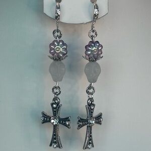 NWT Artisan Handmade Glass Skull Flower Cross Earrings pink silver